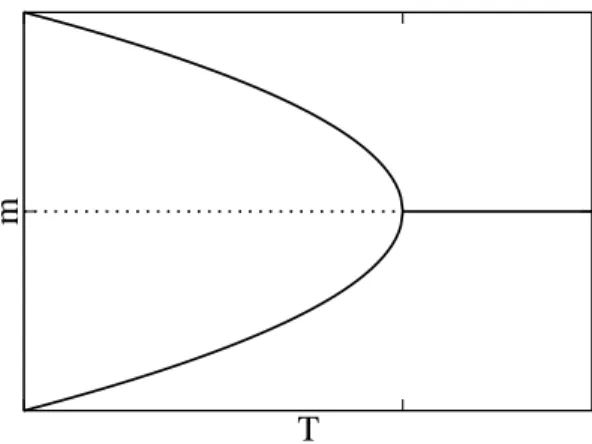 Abbildung 2: Extrema der Magnetisierng m als Funktion der Temperatur bei h = 0. Die Minima sind als durchgezogene Linien, das Maximum als gestrichelte Linie gezeichnet.