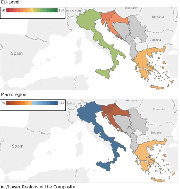 Figure 2-25: Blue Growth by country, on an EU-wide (top) and Macro-regional (middle)  comparison