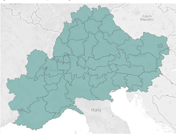 Figure 1-1: The EUSALP by NUTS2 Regions 