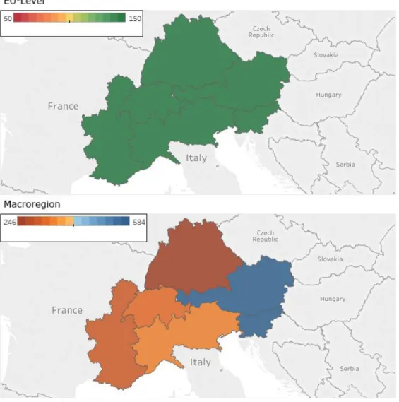 Figure 2-5: Trade Integration by country in 2015, on an EU-wide (top) and Macro-regional  (middle)  comparison