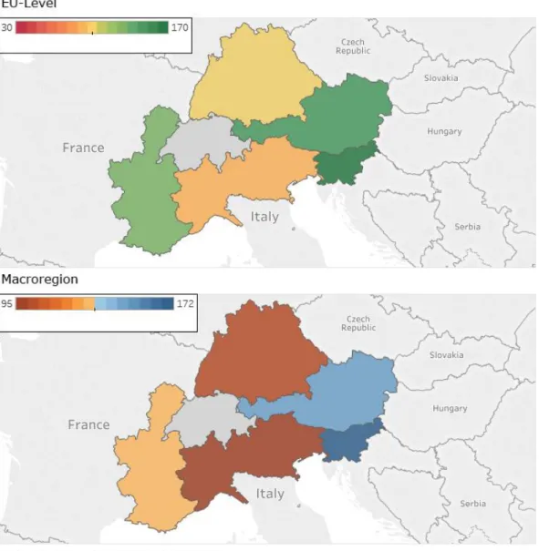 Figure 2-7: Energy Integration by country. The top figure shows an EU-wide comparison,  while the middle map illustrates the indicator on the macro-regional scale