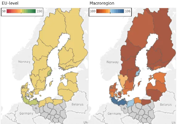 Figure 2-21: Nights spent at tourist accommodations (coastal/non-coastal) by NUTS-2 in  2015, on an EU-wide (left) and Macro-regional (right) comparison