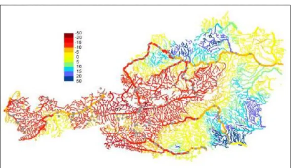 Abbildung 7: Prozentuelle Veränderung des Wasserkraftpotenzials im Sommer für die  Periode 2021-2050 im Vergleich zur Referenzperiode 1976-2006 