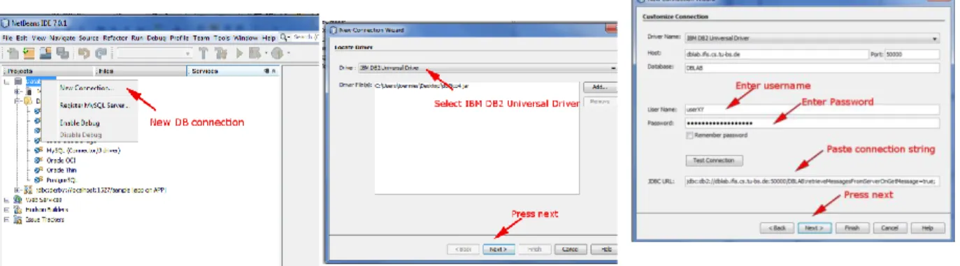 Figure 3 Create new connection  Figure 4 Choose driver  Figure 5 Enter Connection String, Username and Password 