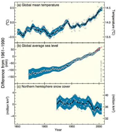 Abbildung 23: Veränderungen bei der globalen Durchschnittstemperatur, beim Meeresniveau und bei der  Schneedecke auf der nördlichen Hemisphäre 