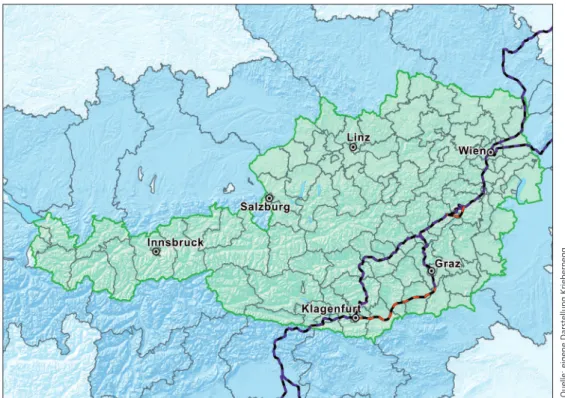 Abbildung 12: Untersuchungsgebiet und Verkehrsbezirke Österreichmodell