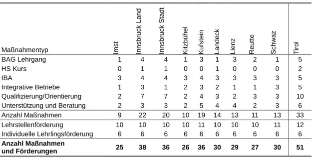 Tabelle 30:  Anzahl der Maßnahmen und Förderungen nach Typen und Bezirk 