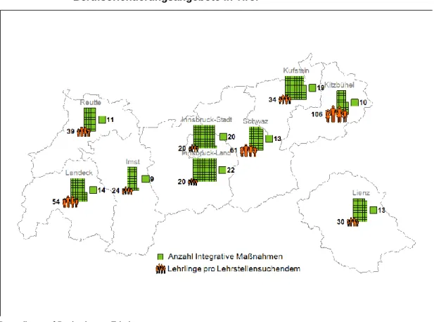 Abbildung 11:  Regionale  Verteilung  der  Jugendbeschäftigungsmaßnahmen  und  Berufsorientierungsangebote in Tirol 