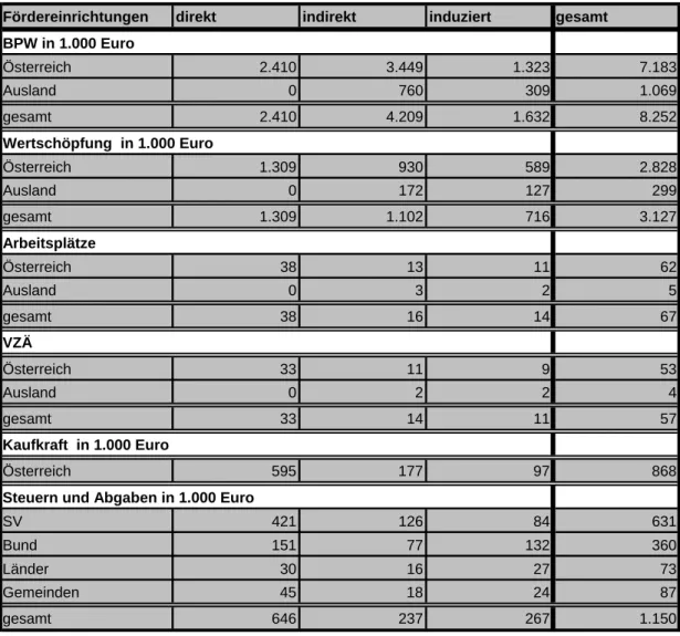 Tabelle 19: Ökonomische Wirkungen durch die Ausgaben der Fördereinrichtungen im  Jahr 2006  