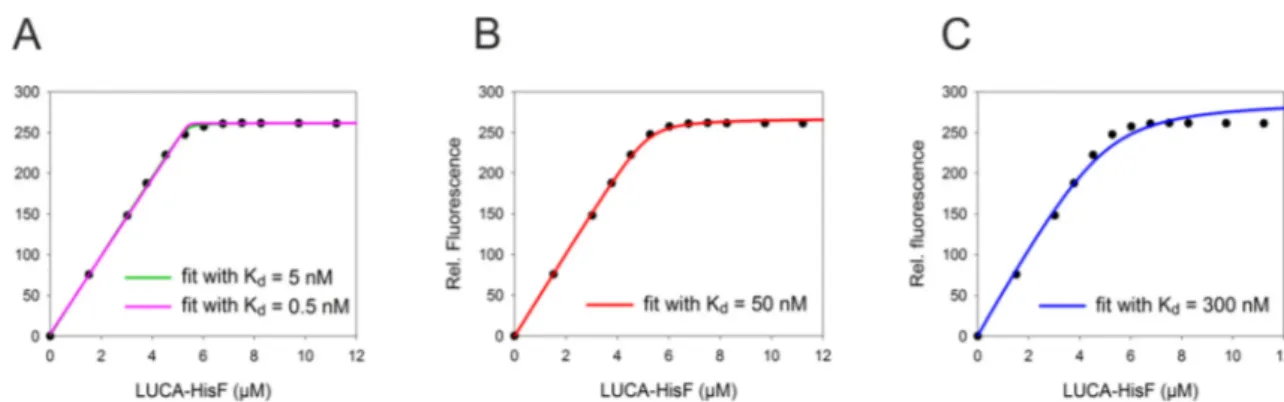 Figure 8: Comparison of data of tight binding LUCA-HisF:zmHisH fitted with increasing K d -values