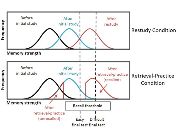 Figure 1: Memory strength distributions in the restudy- (upper panel) and the retrieval-practice condition (lower panel), based on the bifurcation model (Halamish &amp; Bjork, 2011; Kornell et al., 2011)