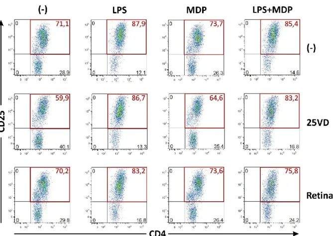 Abbildung 5-6: Einfluss von LPS, MDP, 25VD und Retinal auf die Expression des IL-2 Rezeptors in CD4 + T-Lymphozyten in  der MLR  