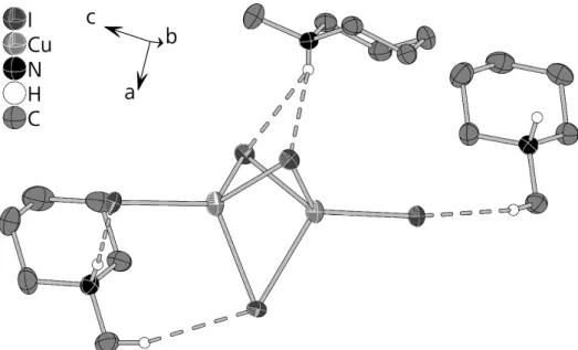 Abb. 3.1.2.2. Anion in 4 mit Kationen, die Wasserstoffbrückenbindungen ausbilden; an   Kohlenstoff gebundene H-Atome ohne derartige Bindungen und Kationen die oberhalb  