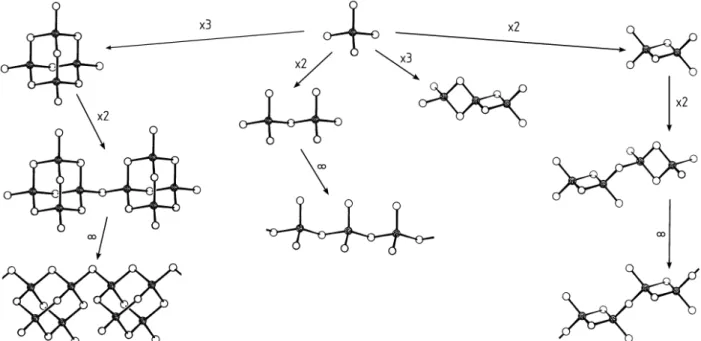 Abb. 14: Anionische Baueinheiten in Chalkogenidometallaten(IV) der Gruppe 14. Metall- (schwarz) und Chalkogenatome (weiß) bilden tetraedrische Baueinheiten, die zu oligomeren und polymeren Strukturen verknüpft sind.