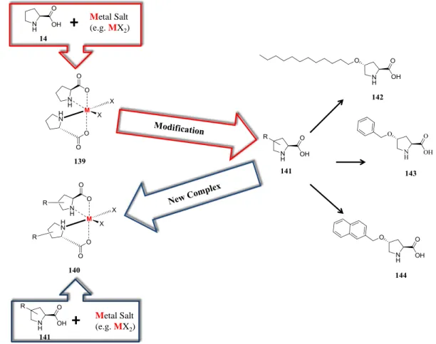 Figure  10. General  concept  of  the  formation  of  new  complexes  140  of  different  4-substituted  L-proline  derivatives  142,  143  and  144  in  combination  with  metal(II)  salts  based  on  the  concept  of  the  L-proline/CoCl 2 -complex 139 d