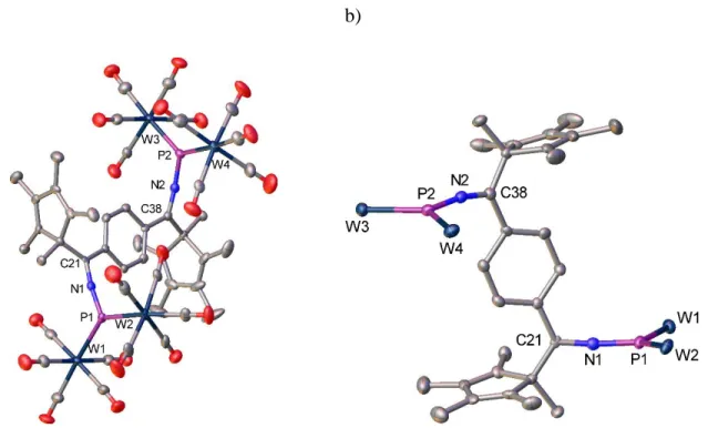 Abbildung  15:  a) Molekülstruktur von Verbindung 8 im Festkörper b) Grundgerüst von  8 ohne CO Liganden  an  den  Wolframatomen