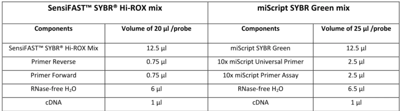 Table 20. Components of the master mixes prepared for qRT-PCR reactions using both Hi-ROX and miScript SYBR Green mixes