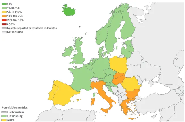 Abb. 1.3 Prozentanteil von E. coli-Isolaten mit kombinierten Resistenzen gegen 3° Cephalosporine, Fluorchinolone  sowie Aminoglykoside in Europa 2013 [18] 