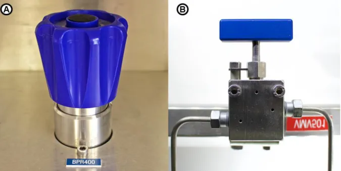 Figure 5.5: (A) Back pressure regulator valve (BPR400) and (B) normal valve to control manually the  pressure in the extraction unit