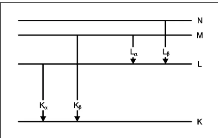 Fig. 1:  Vereinfachtes Termschema eines Atoms mit den charakteris- charakteris-tischen Röntgenlinien