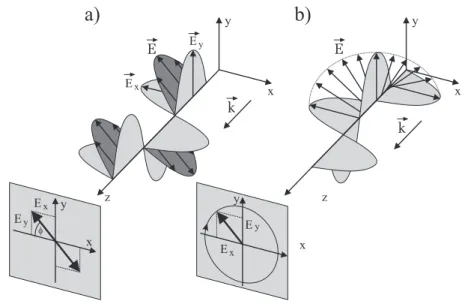 Abbildung 2: Orientierungen des E  - -Felds, des B -Felds und des  Wellen-vektors k einer linear polarisierten, transversalen elektromagnetischen  Wel-le, die sich in z -Richtung ausbreitet.