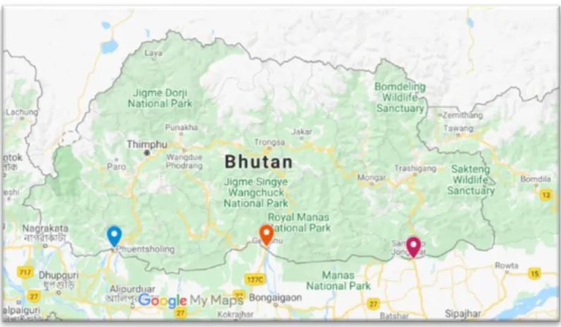 Figure 1: The Bhutan map marking the three major border gates – Phuentsholing (West  Bengal), Gelephu (Assam), Jongkhar (Assam) taken in 2020, May 15