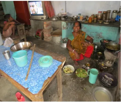 Figure 9: A grandmother cooks for her grandson who relentlessly  watches television. The boy's parents work in Delhi, father as a  car-washer and mother as a domestic maid
