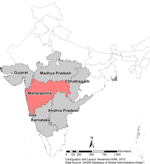 Figure 3.1: Geographical location of Maharashtra in India and its adjacent states.