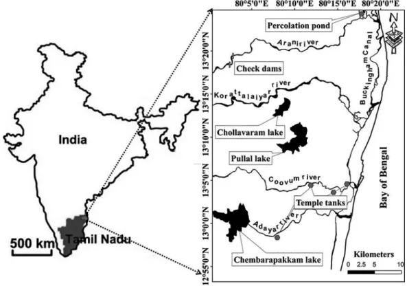 Figure 1.6   Location of the Check dams and the Percolation pond north of Chennai city (Raicy et al