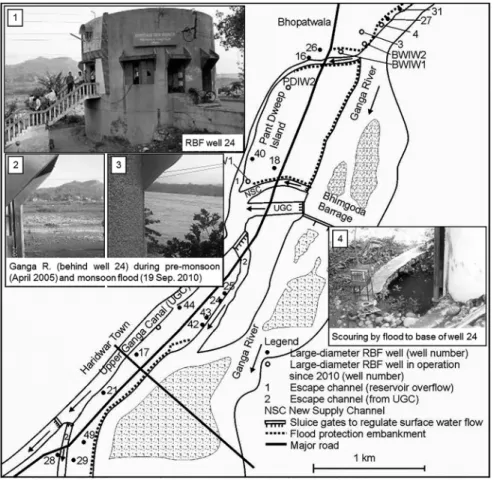 Figure 2.3   Layout of RBF system, flood protection embankment and flood-damage to RBF wells in Haridwar (Base map: 
