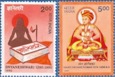 Fig. 5.1  (L) Jnaneshwari Stamp, issued in 1990 to commemorate the 700th  anniversary of the composition of the Jñāneśvarī; (R) “Saint Dnyaneshwar” stamp, 