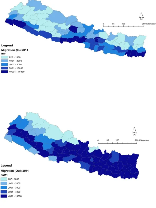 Figure 1: In and Out- Migration by districts in Nepal, 2011 