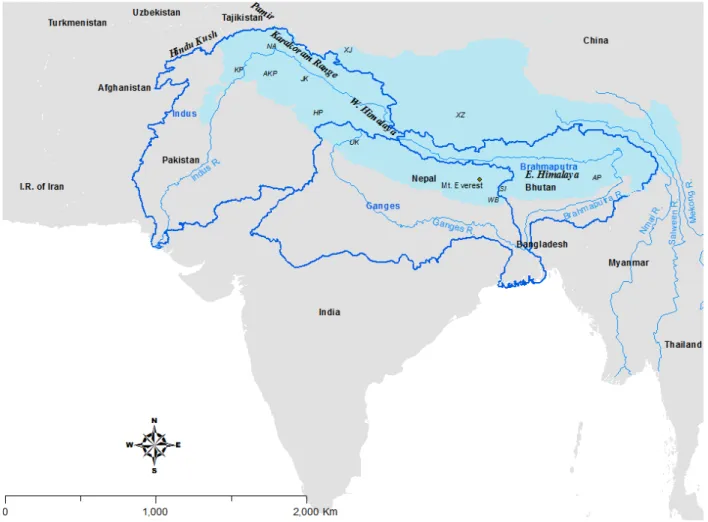 Figure 1 Map Showing the Hindu Kush-Himalayan Region. The coverage of this study is  shown in sky blue color