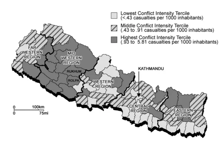 Figure 1. Conflict Intensity across Districts of Nepal. Author’s calculations are based on casualties  recorded in INSEC (2009) and district population figures from the 1991 population census (Central  Bureau of Statistics, 2009)