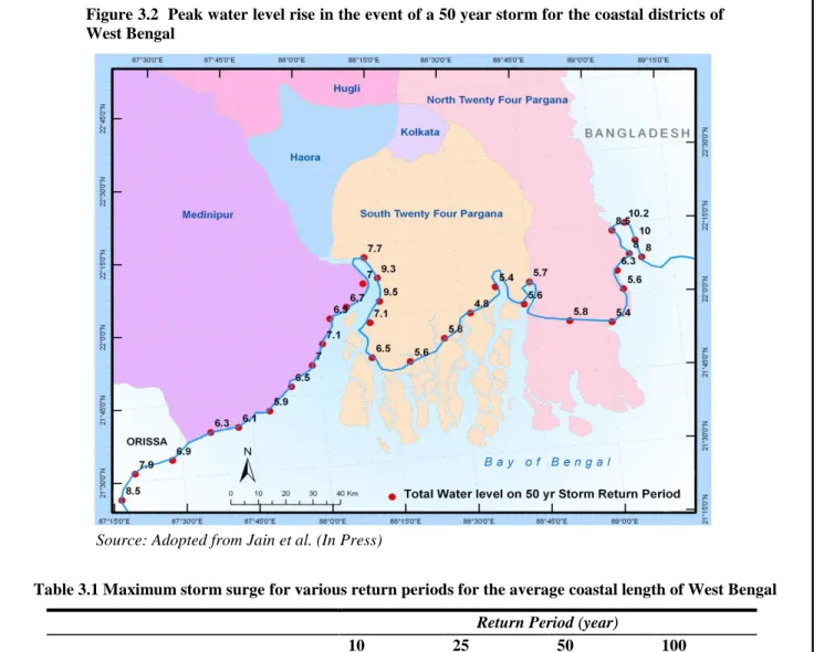 Figure 3.2  Peak water level rise in the event of a 50 year storm for the coastal districts of  West Bengal  
