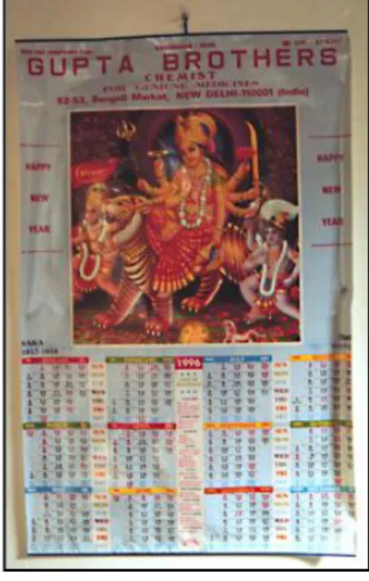Figure 7. Landscape calendar distributed  by a Hindu jewellery store, on display in  a Muslim barbershop, Landour Bazaar,  Mussoorie, 2000