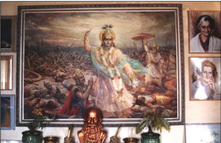 Figure 11. Krishna on the battlefield at Kurukshetra’, oil painting by SM Pandit. On the right are portraits of Indira Gandhi and  Margaret Thatcher, while below it is a bust of the artist