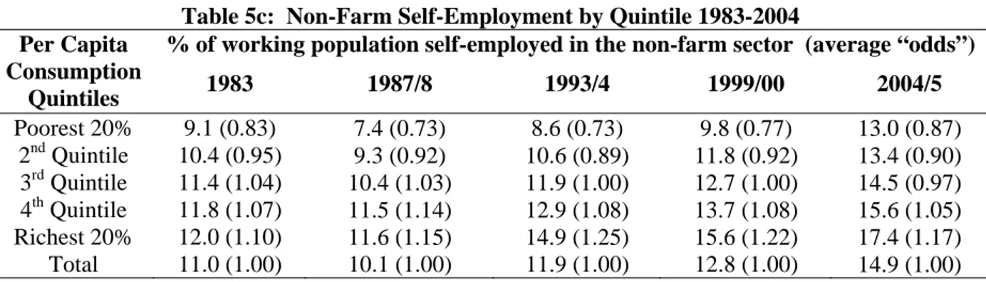 Table 5c:  Non-Farm Self-Employment by Quintile 1983-2004