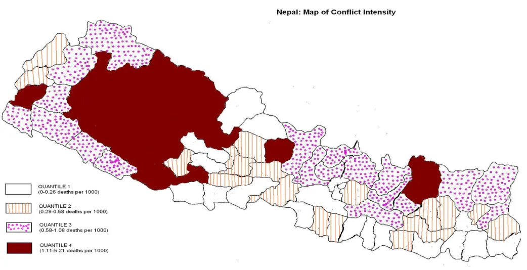 Figure 2: Map of conflict intensity (number of deaths  per 1000 population)