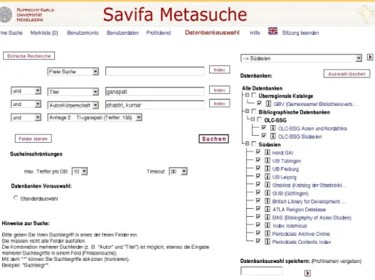Abb. 4:Oberfläche der Savifa-Metasuche mit verschiedenen Suchoptionen 