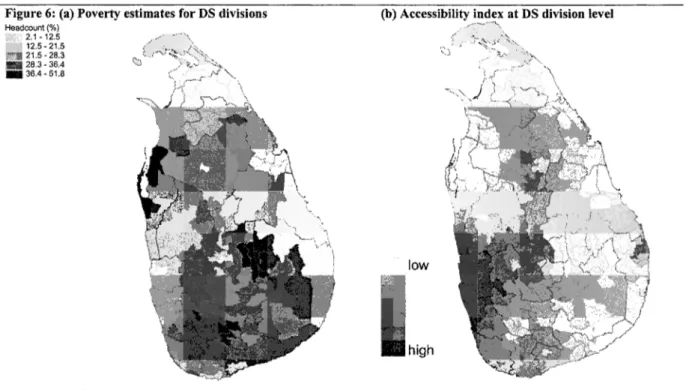 Figure 6:  (a)  Poverty estimates for D S  divisions  Ibl  Accessibilitv index at DS division level 