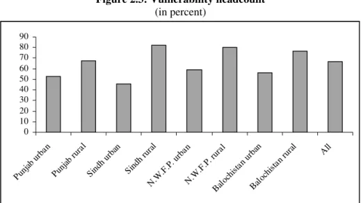 Figure 2.3: Vulnerability headcount   (in percent)  0102030405060708090 Pun ja b  ur ba n Pu njab  rur al Si ndh urba n Si ndh r ura l N .W .F .P