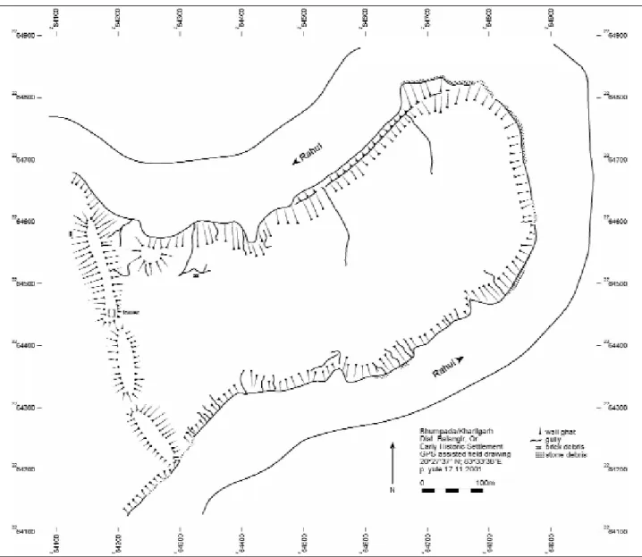 Fig. 4 – Plan of Bhuampada/Kharligarh and profile of the rampart.