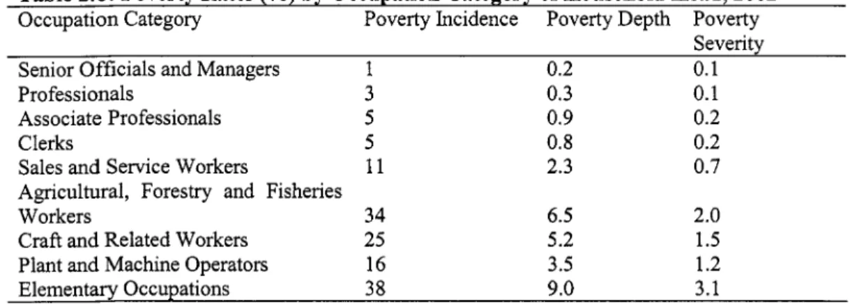 Table 2.6:  Poverty Rates  (YO)  by Occupation Category of Household Head, 2002  Occupation Category  Poverty Incidence  Poverty Depth  Poverty 