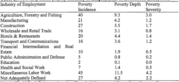 Table 2.7:  Poverty Rates  (YO)  by Industry  of  Employment  of  Household Head, 2002 