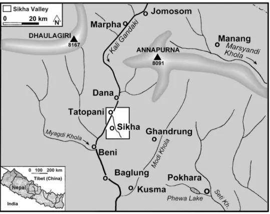 Fig. 1: Die Lage des Arbeitsgebietes Sikha Valley innerhalb Nepals  (Entwurf: P. Ottinger, Kartographie: N