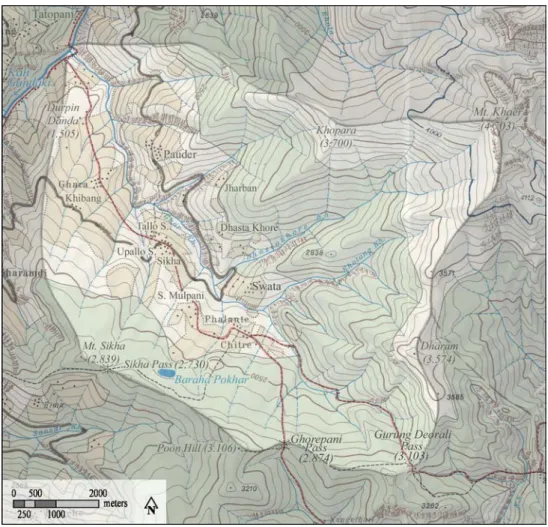 Fig. 6: Das Kernarbeitsgebiet Sikha Valley. Ergänzt nach der Basiskarte: „Annapurna“ (1:100.000)  der Arbeitsgemeinschaft für vergleichende Hochgebirgsforschung, München (1993); 