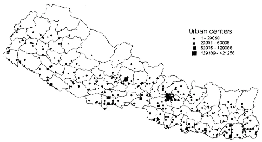 Figure  1. Map  of Nepal  and Location  of Surveyed Villages CI  CJ ,4  'V'  /'  Urban  centers ,-  1-29C5O A  ,t  ;  &lt;  -~-  ),  *  U)3  123$9L8'5 