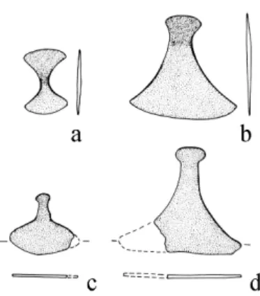 Fig. 4 Selected prehistoric Indian razors: a.b. Neolithic Hallur (nos. 5.6). – c.d. Ramapuram, period IC (Iron Age) (no  nos.)