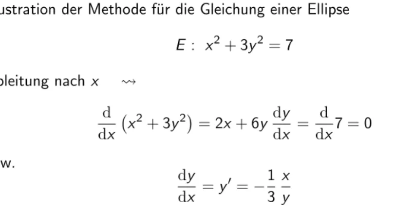 Illustration der Methode f¨ ur die Gleichung einer Ellipse E : x 2 + 3y 2 = 7 Ableitung nach x d dx x 2 + 3y 2  = 2x + 6y dydx = d dx 7 = 0 bzw